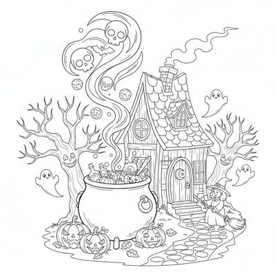 Halloweenkittel bubblar vid en stuga