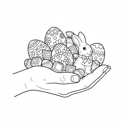 Påskägg ligger i en hand fylld av choklad