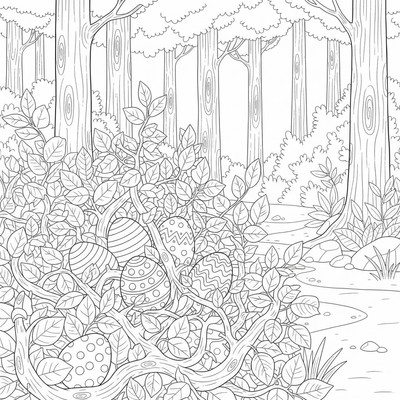 Påskägg ligger i en buske i skogen