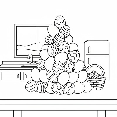 Påskägg staplat i en hög i köket