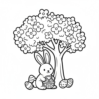 Påskhare sitter under ett blommande körsbärsträd