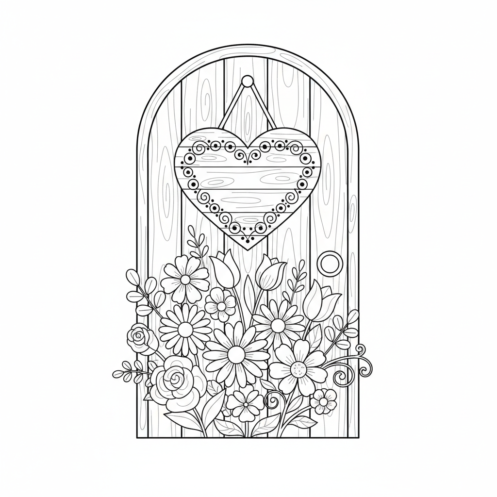 Hjärtskylt hänger på en dörr med blommor