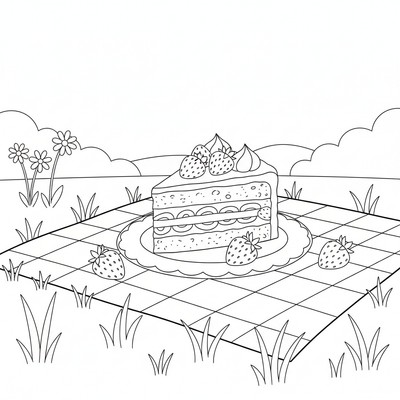 Jordgubbstårta serveras på en filt i gräset