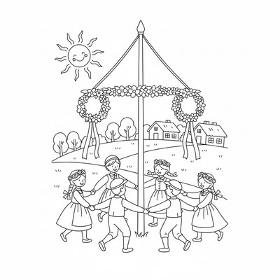 Barn dansar runt midsommarstången
