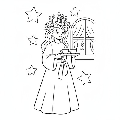Lucia med vit klänning och ljuskrans