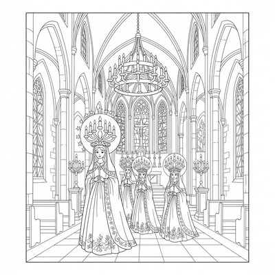 Lucia tåg med ljuskronor i mörk kyrka