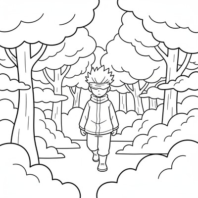 Gojo går genom en skog med dimma