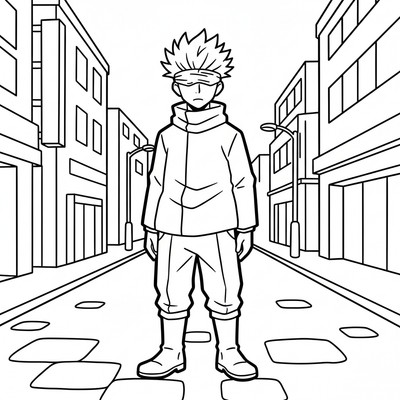 Gojo står i en stadsgata med ögonbindel