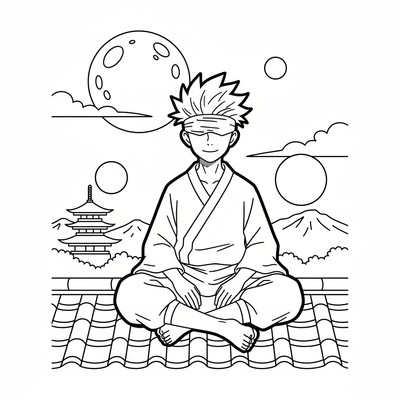 Gojo sitter på ett tak i kvällsljus