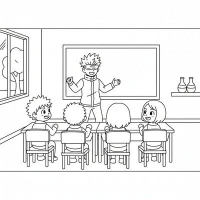 Gojo undervisar elever i ett klassrum