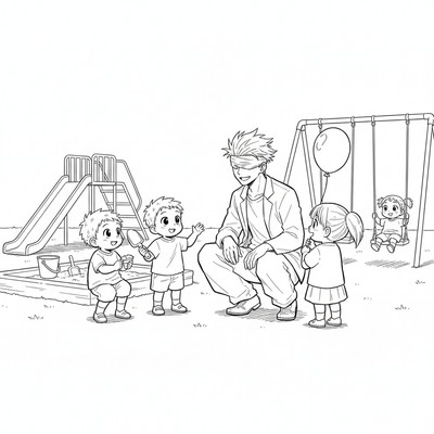 Gojo pratar med barn på en lekplats