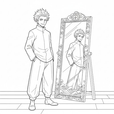 Gojo står framför en spegel i ett tomt rum