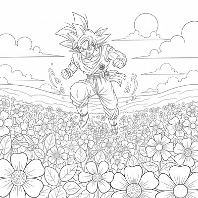 Goku springer genom en blomsteräng