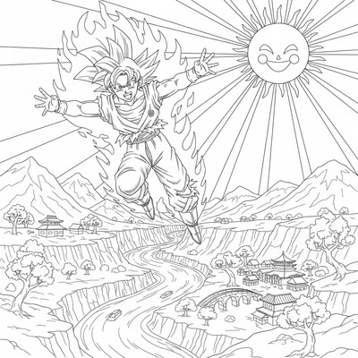 Goku flyger över en dalgång i solsken