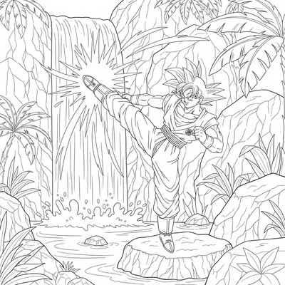 Goku tränar sparkar vid ett vattenfall