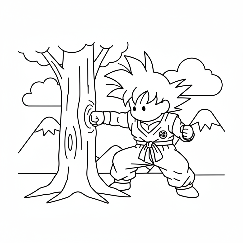 Goku tränar slag mot en trädstam
