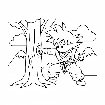 Goku tränar slag mot en trädstam