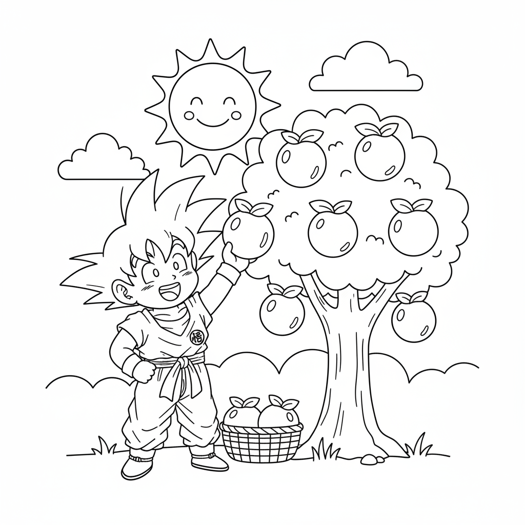 Goku plockar frukt från ett träd