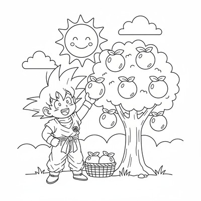 Goku plockar frukt från ett träd