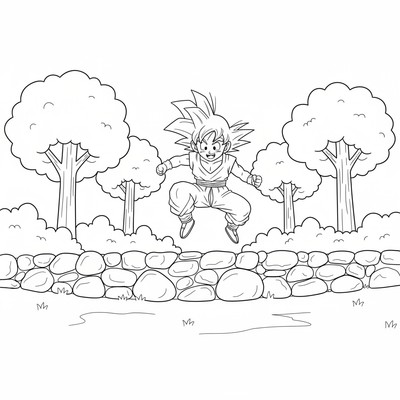 Goku hoppar över en stenmur i skogen