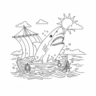 Haj nära en båt ovanför ytan