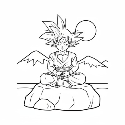 Goku sitter på en sten i meditation