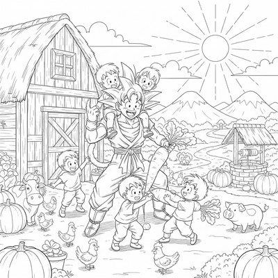 Goku leker med barn på en gårdsplan