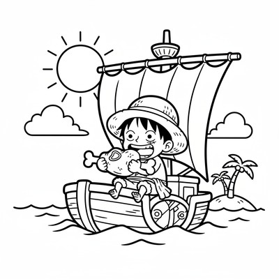 Luffy sitter på en båt och äter kött