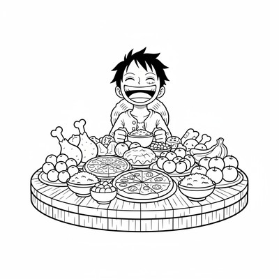 Luffy skrattar vid ett bord fullt av mat