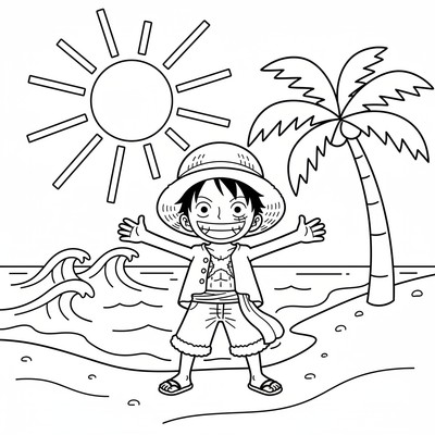 Luffy står på stranden med sin hatt