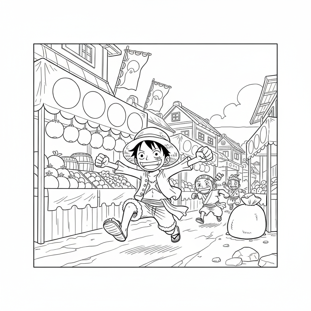 Luffy springer genom en marknadsstad