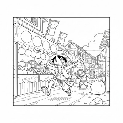 Luffy springer genom en marknadsstad