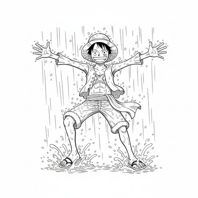 Luffy står i regnet med armarna öppna