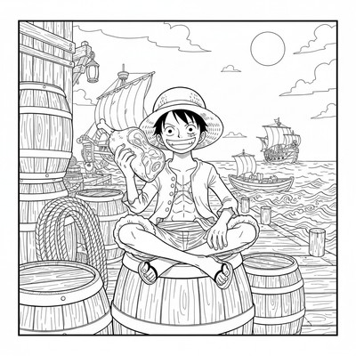 Luffy sitter på en tunna vid kajen