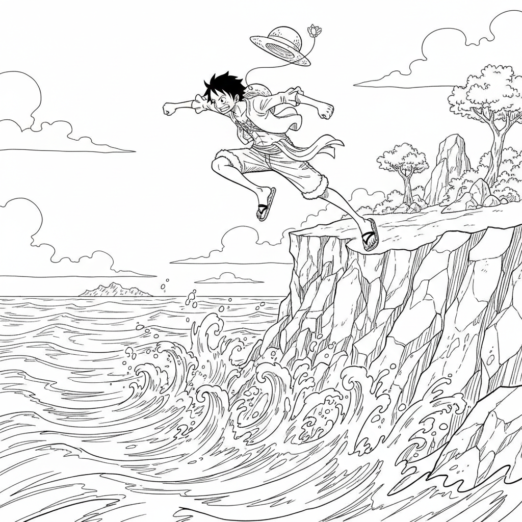 Luffy hoppar från en klippa i havet