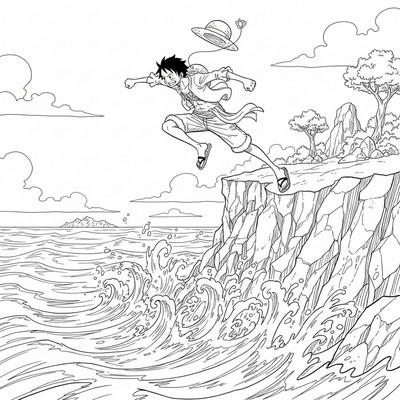 Luffy hoppar från en klippa i havet