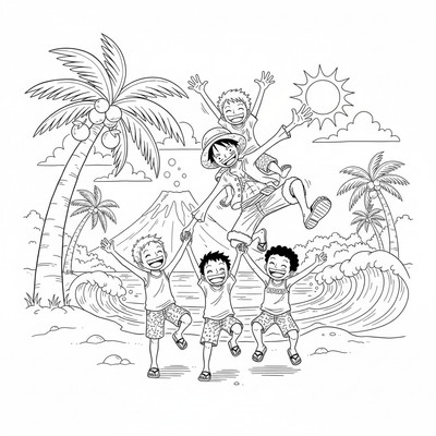 Luffy leker med barn på en ö