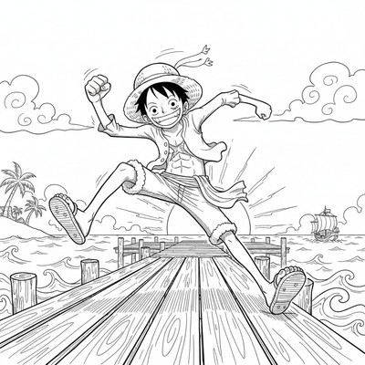 Luffy springer längs en pir i skymning
