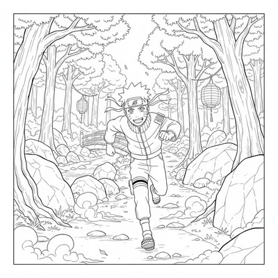 Naruto springer genom en skogsstig