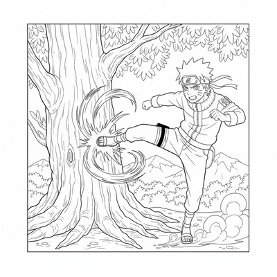 Naruto tränar sparkar mot en trädstam