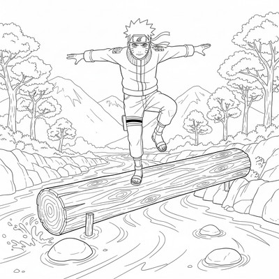 Naruto balanserar på en trästock över floden