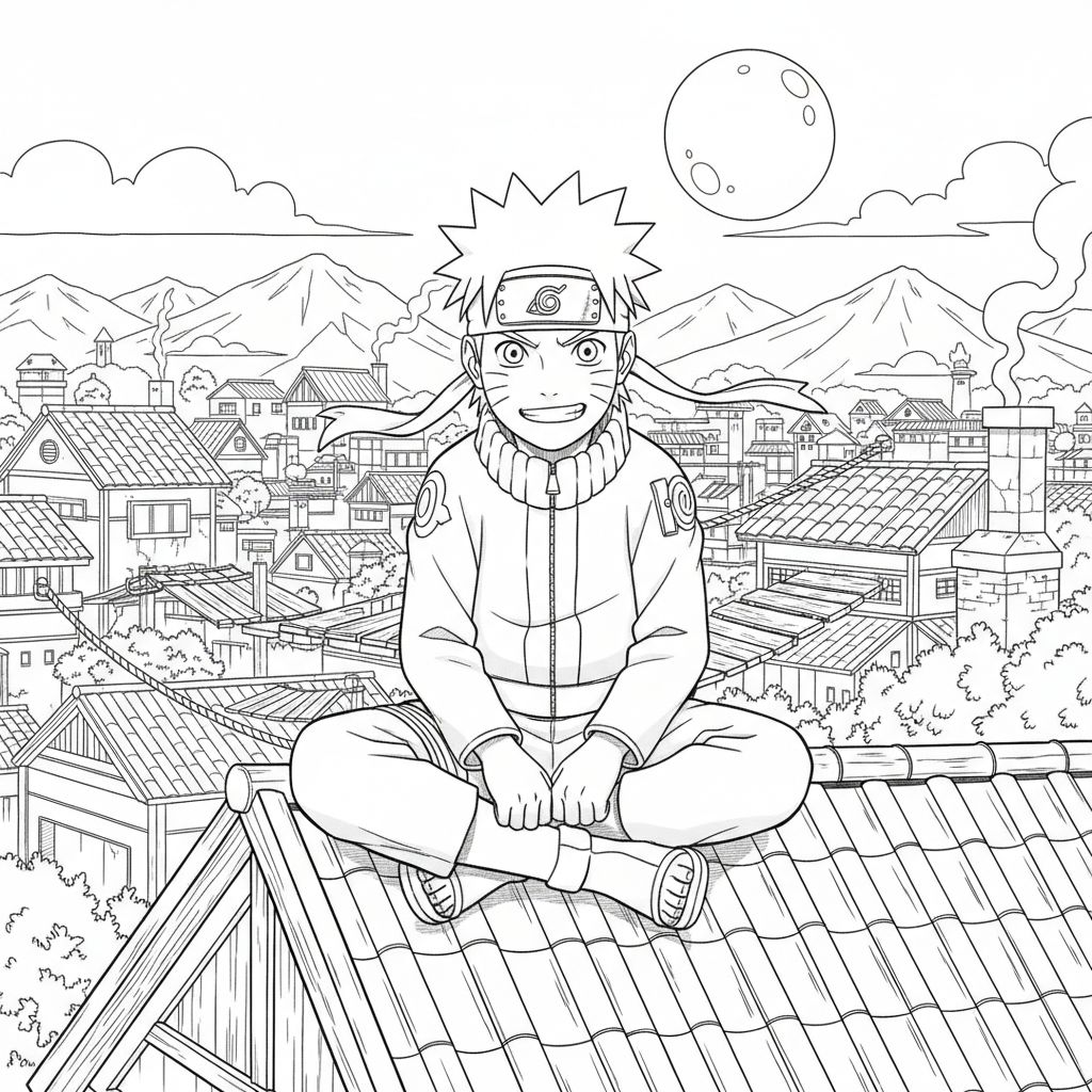 Naruto sitter på ett tak i byn