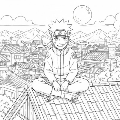 Naruto sitter på ett tak i byn