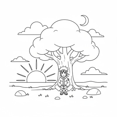 Naruto vilar under ett träd i skymning