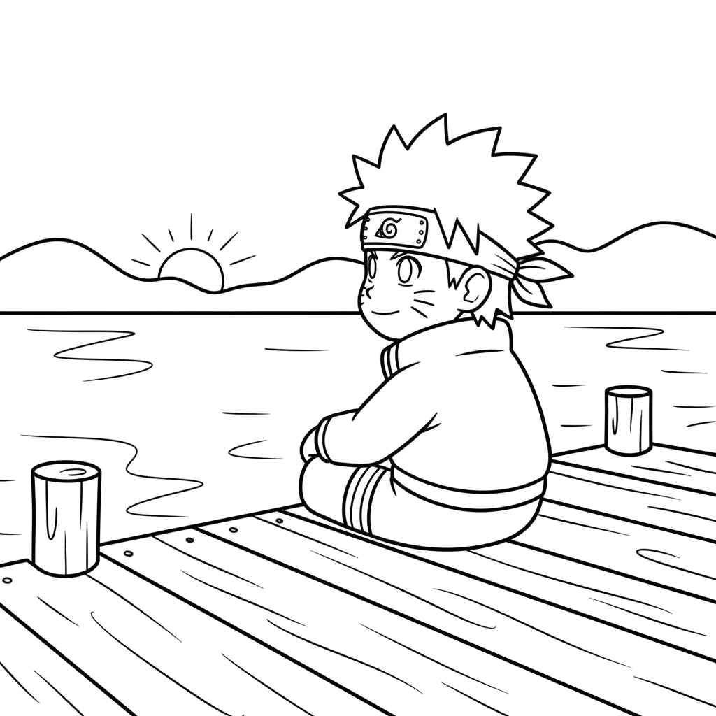 Naruto sitter på en brygga och ser ut över sjön