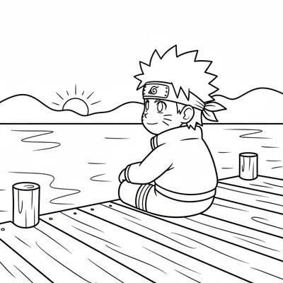 Naruto sitter på en brygga och ser ut över sjön