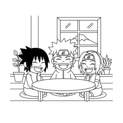 Naruto skrattar vid ett bord med vänner