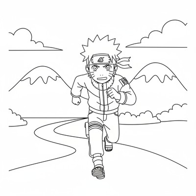 Naruto springer längs en stig vid bergen