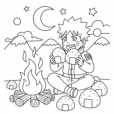 Naruto äter risbollar vid en lägereld