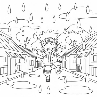 Naruto springer i regnet genom byn